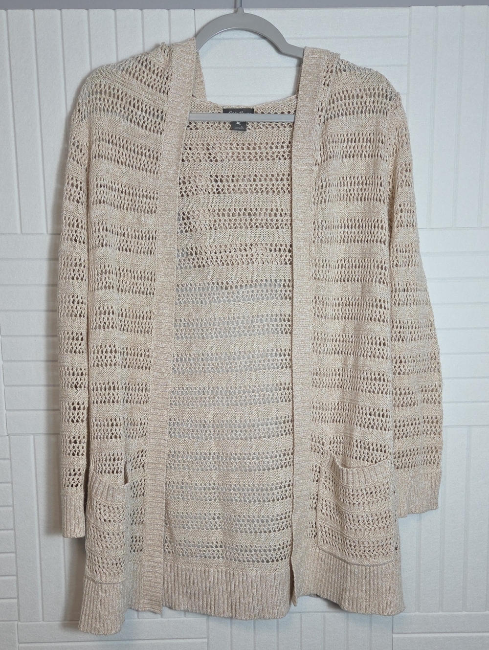Eddie Bauer Linen/Cotton Crotcheted Hooded Open Front Cardigan Sweater Size S